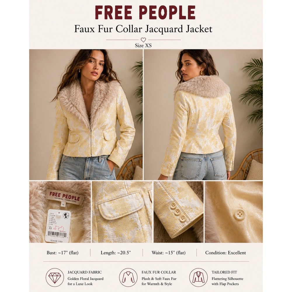 Free People Faux Fur Collar Jacquard Jacket Straw Yellow Floral  XS